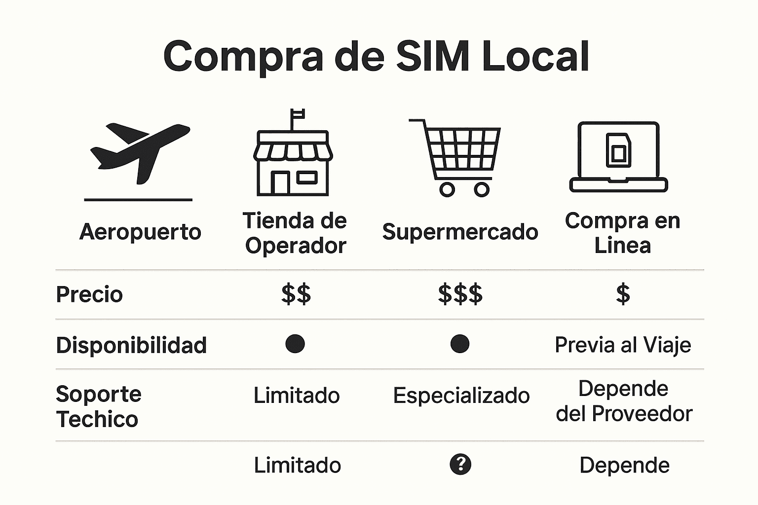 Comparativa visual sencilla de opciones para comprar SIM local