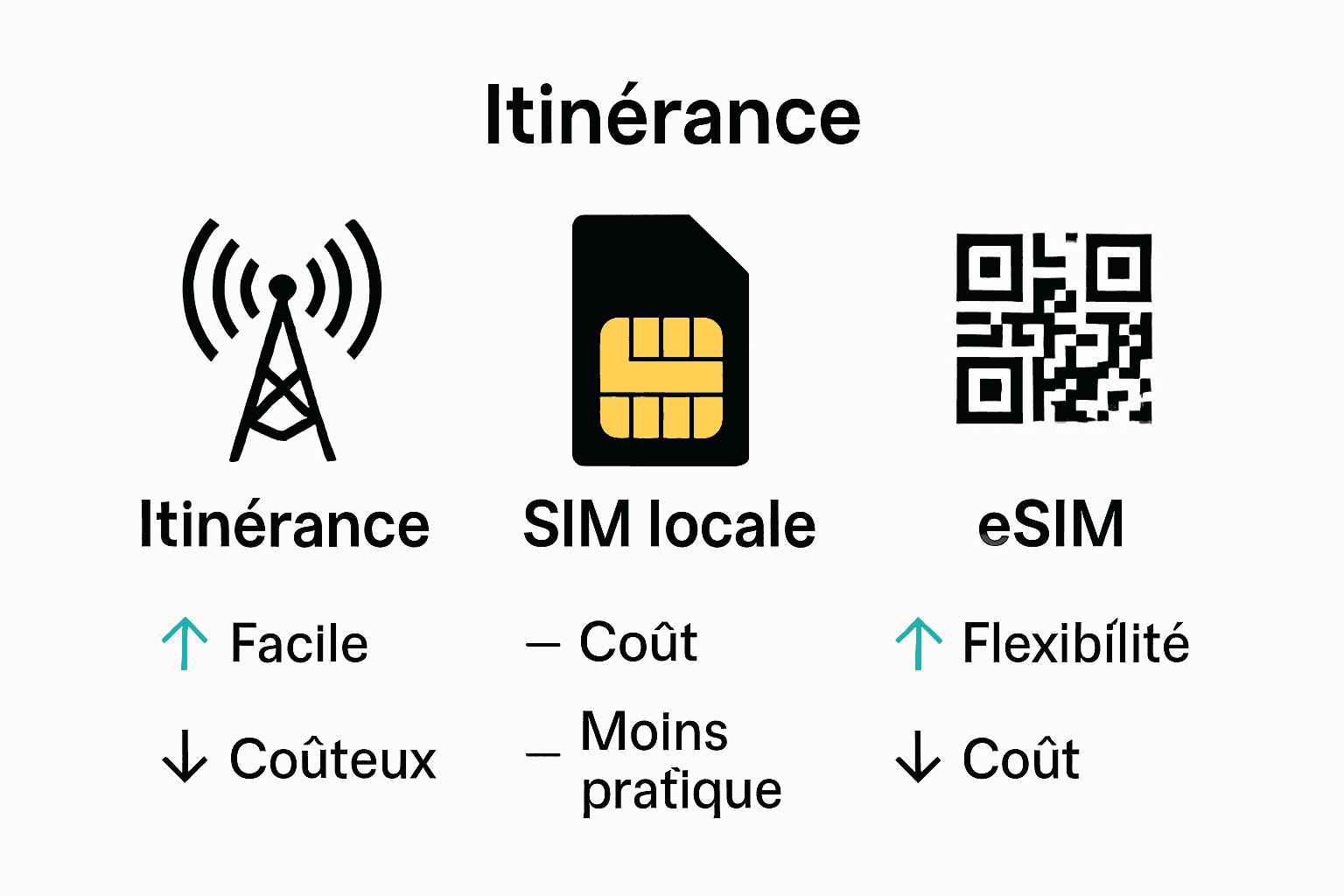 Comparaison visuelle des options d’itinérance, SIM locale et eSIM