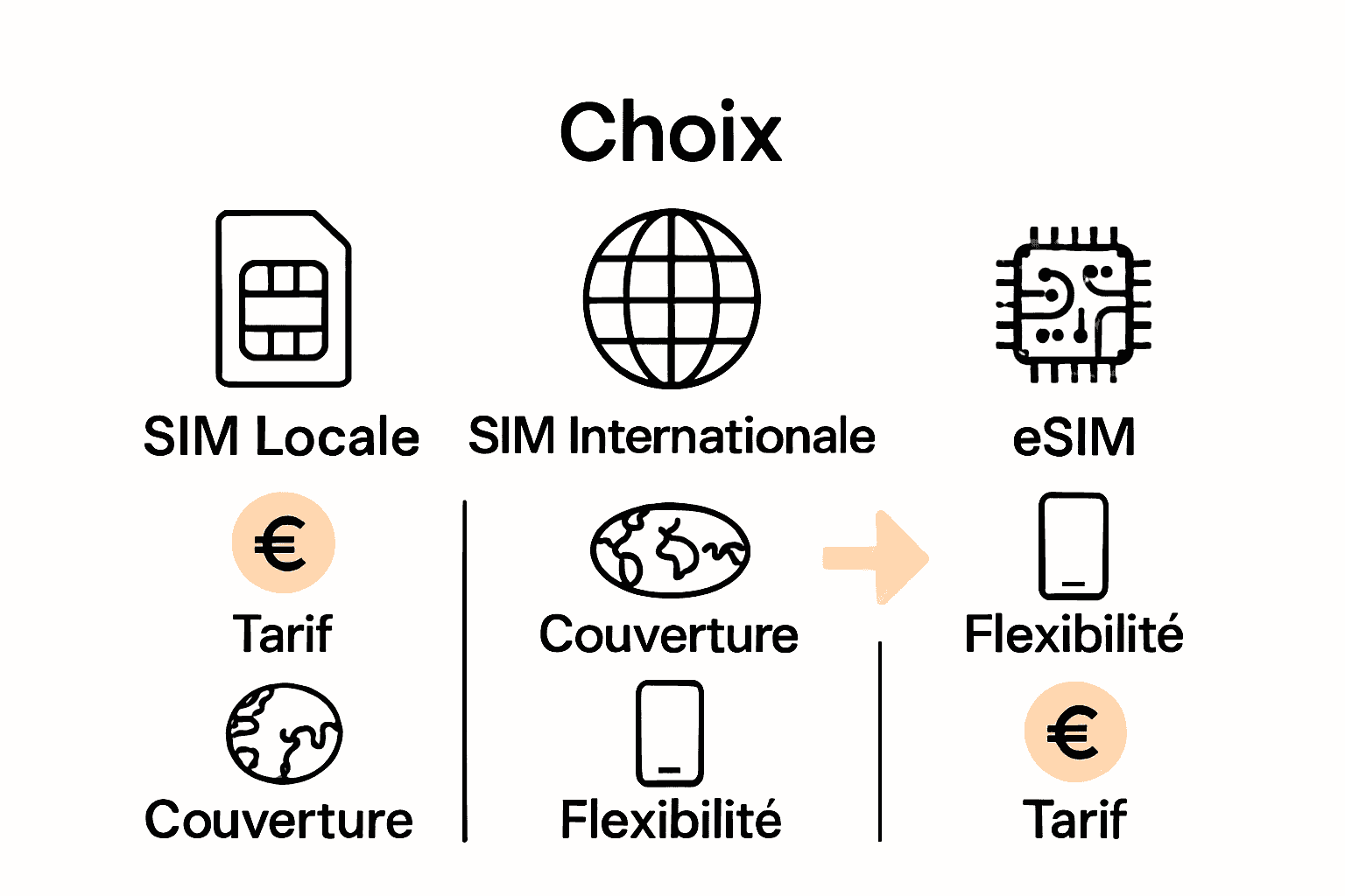 Infographie sur la comparaison entre SIM locale, internationale et eSIM.