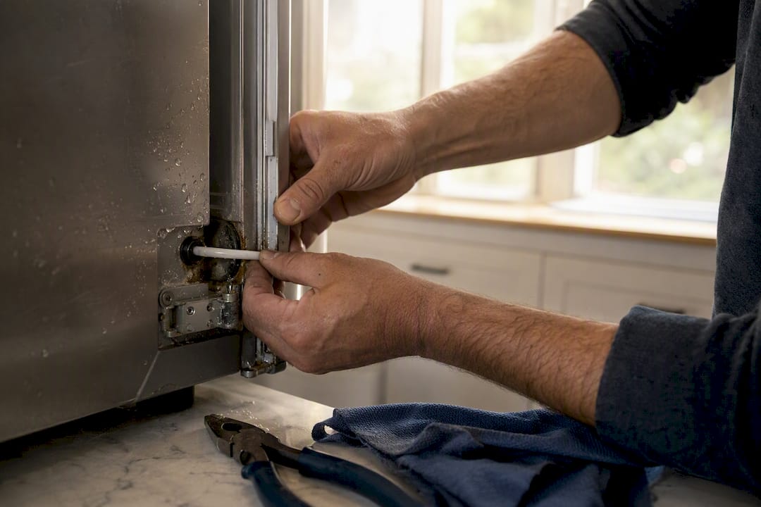 Hands inspecting refrigerator door hinge water seal
