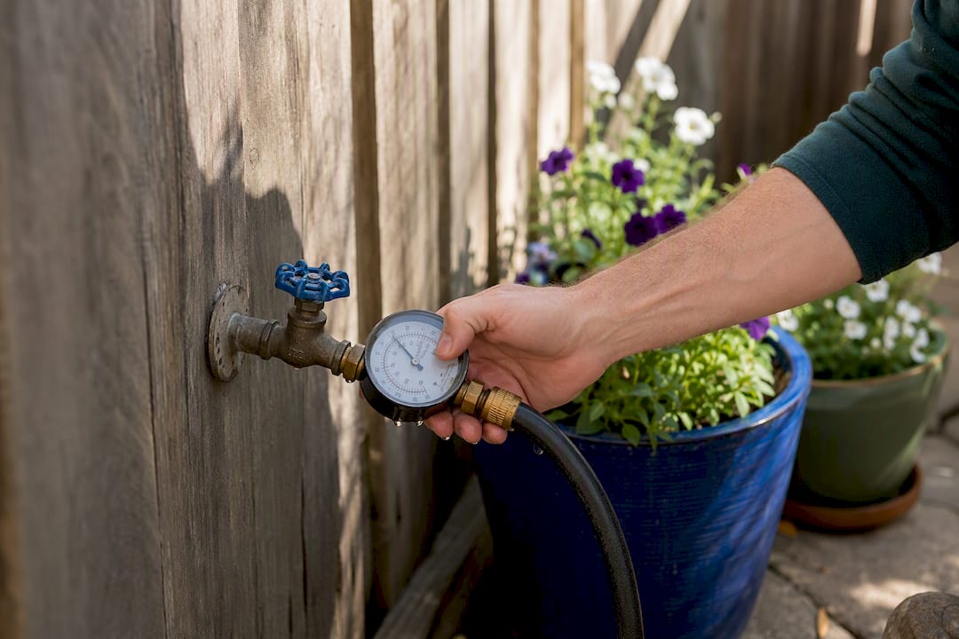 Hand attaching water pressure gauge to outdoor spigot