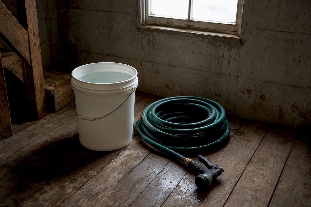 Bucket and hose ready for water heater leak cleanup