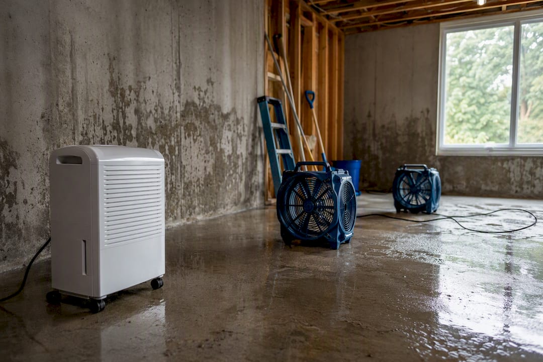 Dehumidifier and fans drying wet basement floor