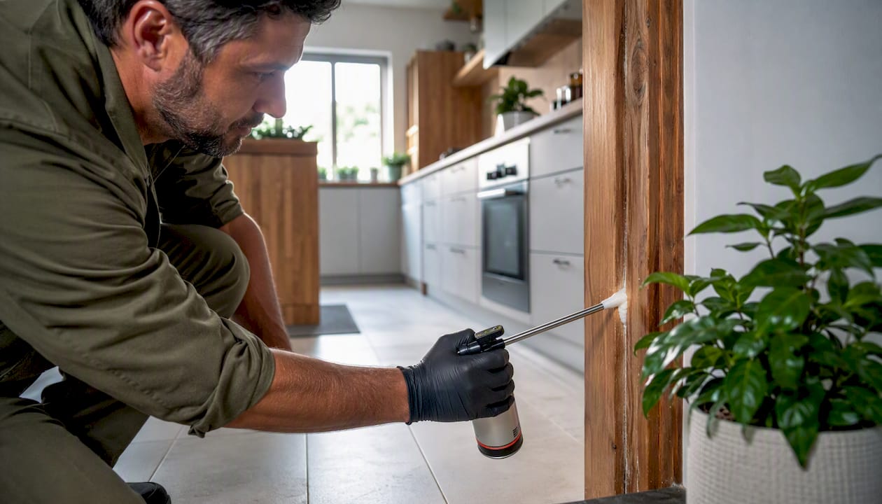 Applying termite foam to wooden door frame crack