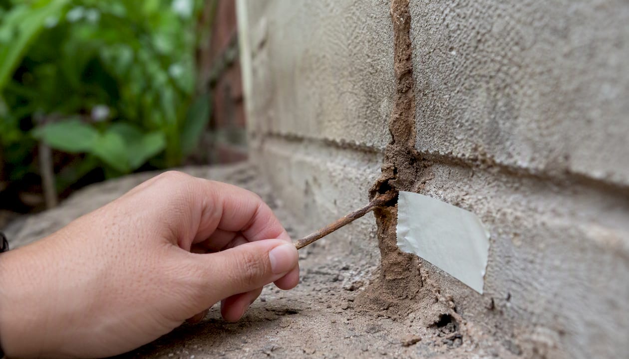 Hand breaking termite mud tube at wall for test