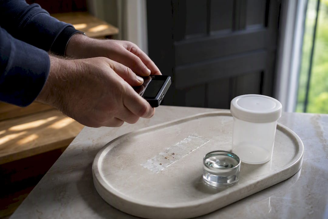 Hands photographing a taped pest sample