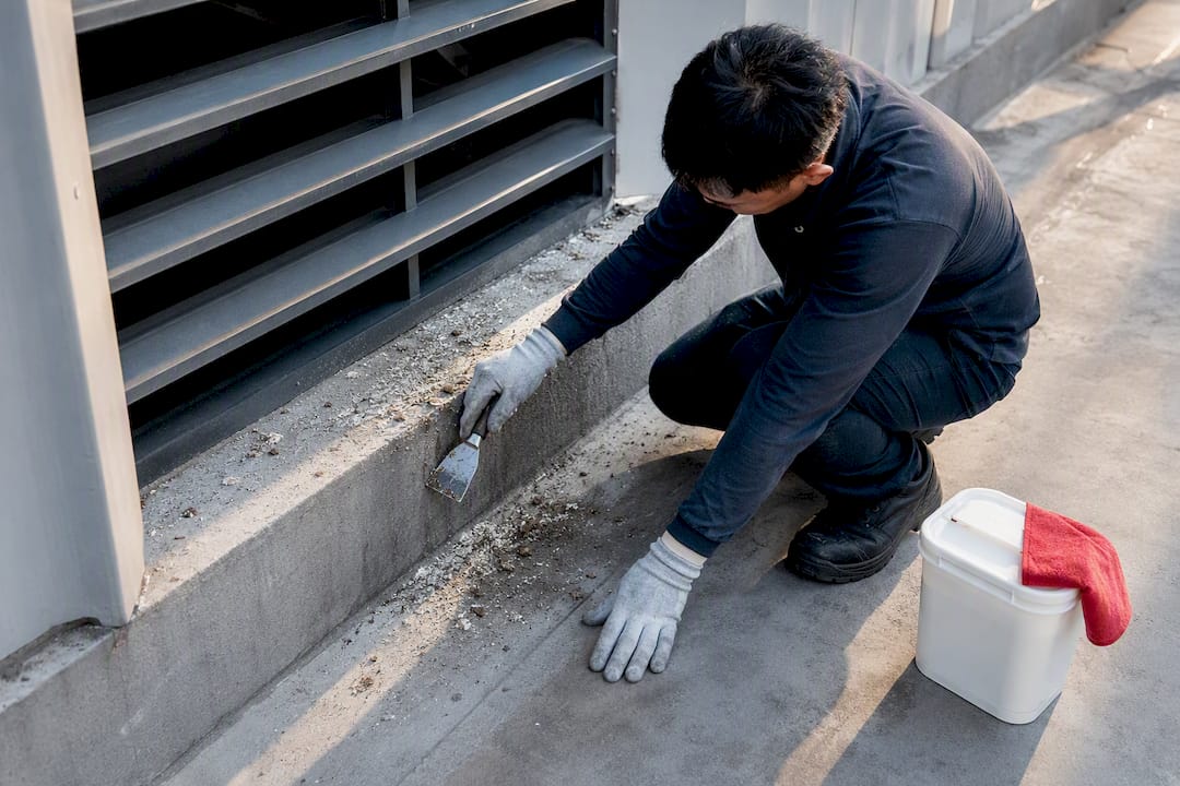 Worker cleaning droppings near HVAC intake