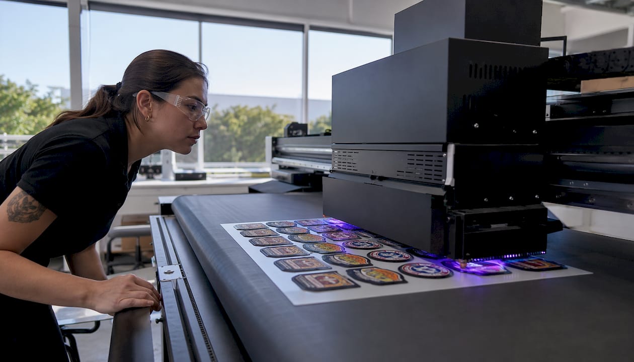 Technician operating UV printing machine for patches