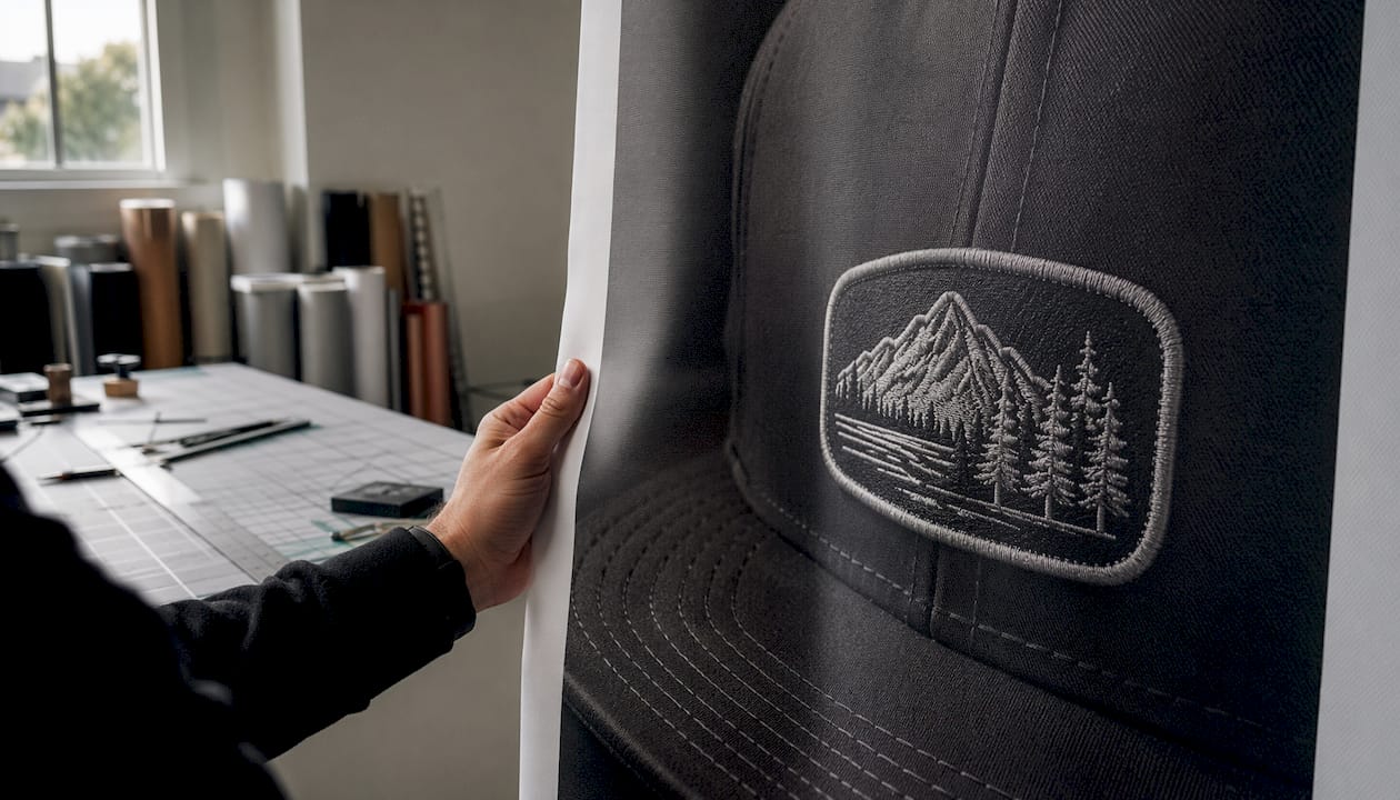 Close-up of hand holding hat brand banner print