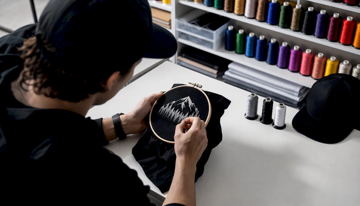 Close-up of hands embroidering patch fabric
