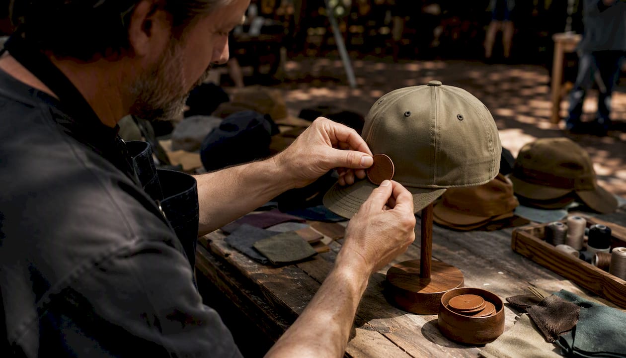 Man positioning patch on baseball cap side panel
