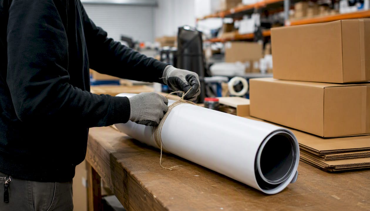 Hands packaging rolled vinyl banner for shipping
