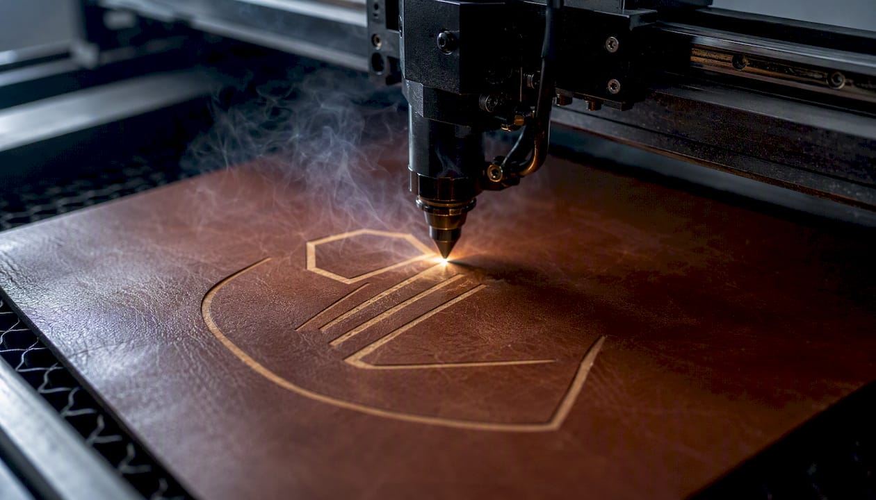 Laser beam engraving leatherette layers