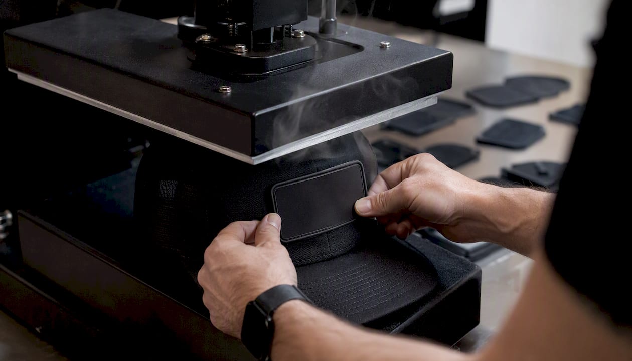 Hands using heat press to attach patch to hat