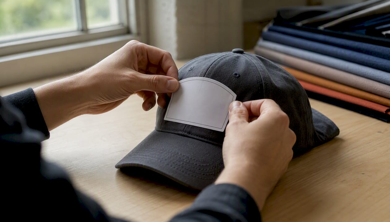 Hands taping paper patch template on dad cap