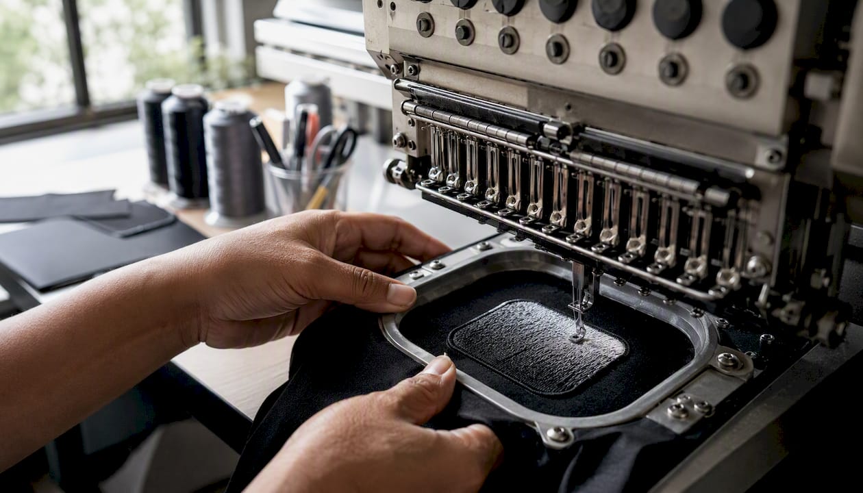 Embroidery machine stitching gradient thread on patch