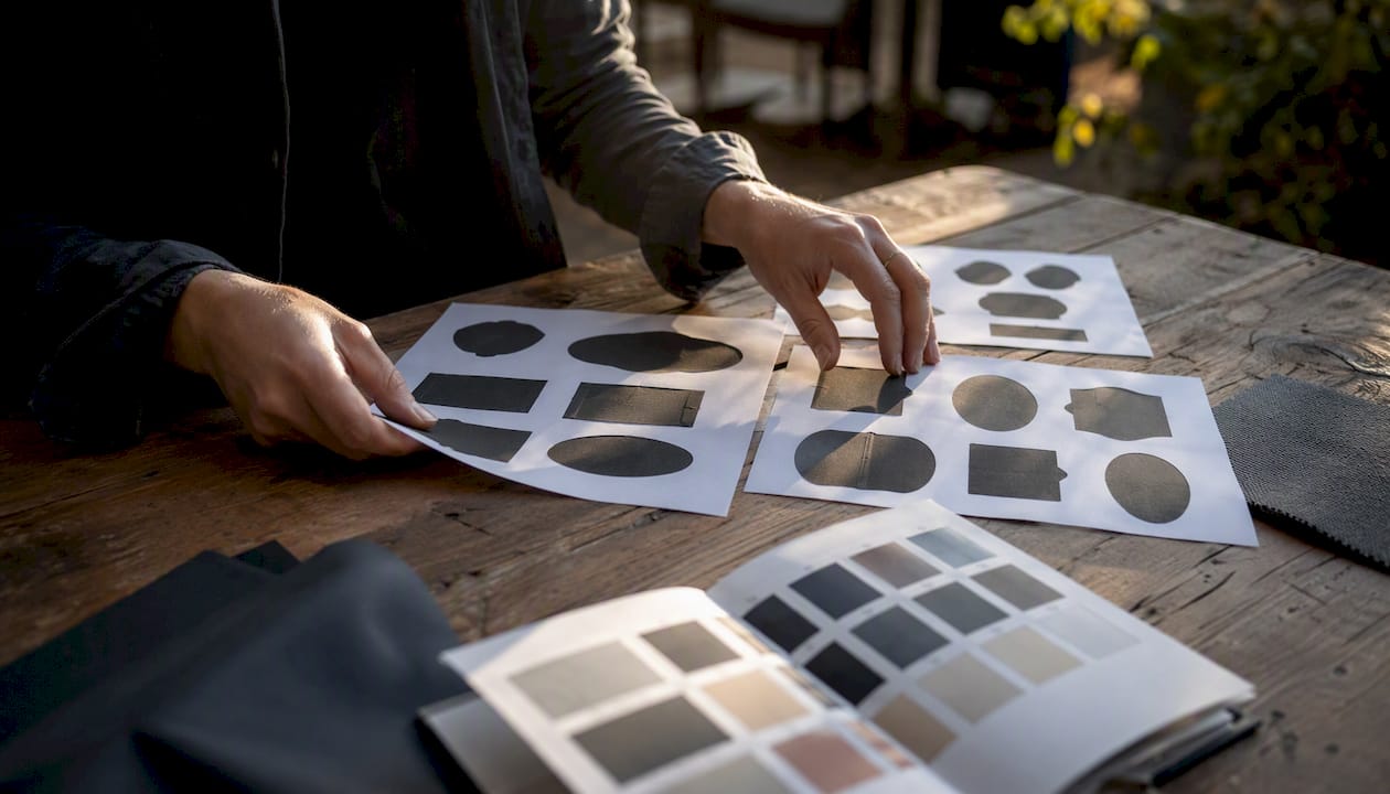 Hands sorting patch template shapes on table