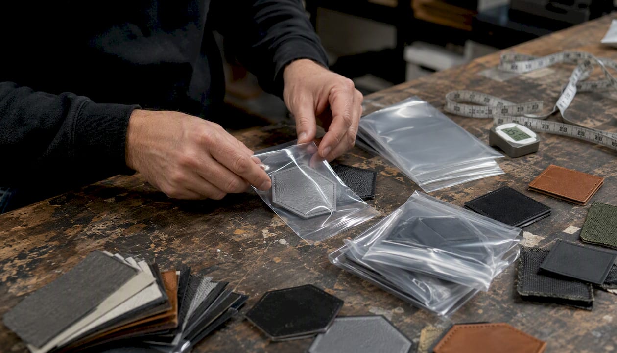 Hands organizing various patch materials for storage