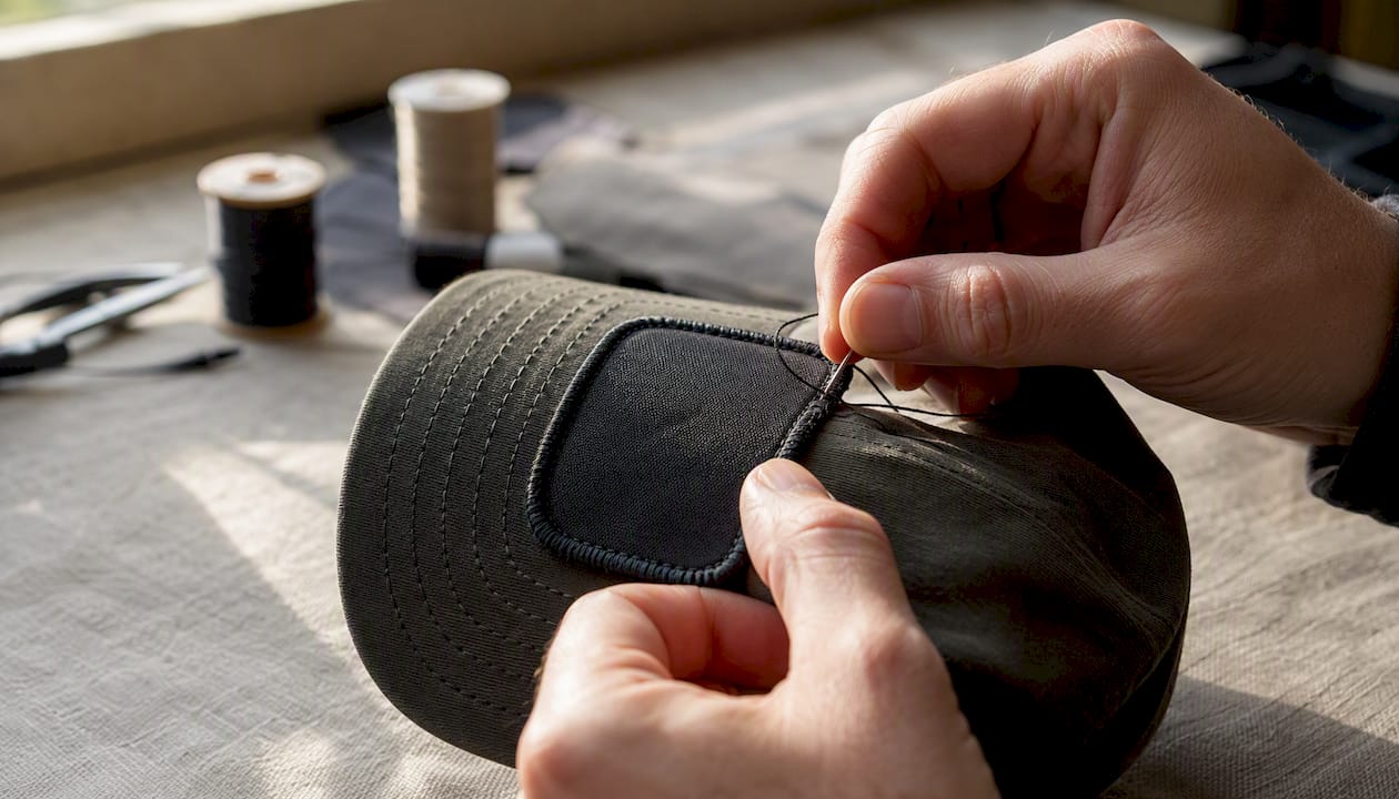 Hands sewing patch with merrowed border on hat brim