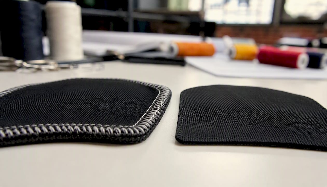 Close-up of merrowed and hot-cut patch borders