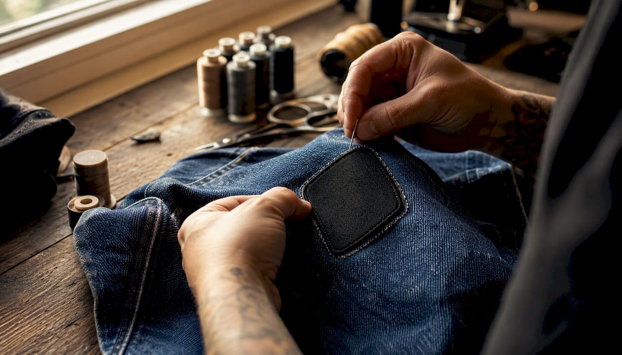Hands sewing patch onto garment fabric