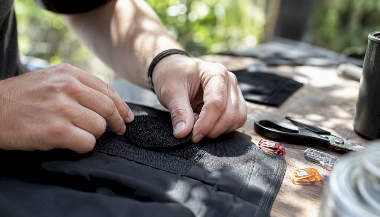 Hands attaching hook-and-loop patch