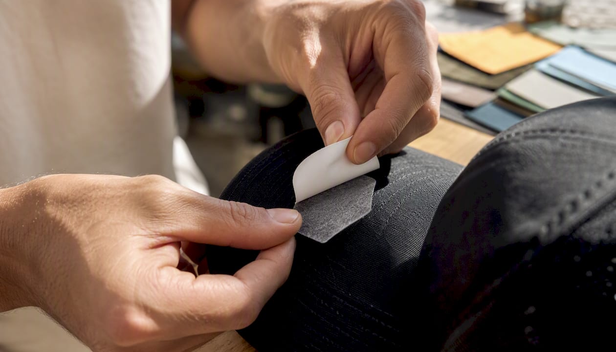 Hands applying peel-and-stick patch