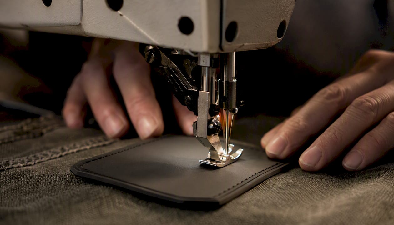 Machine sewing PVC patch close-up