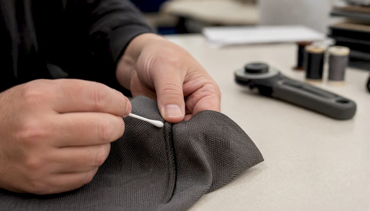 Person testing solvent on fabric seam