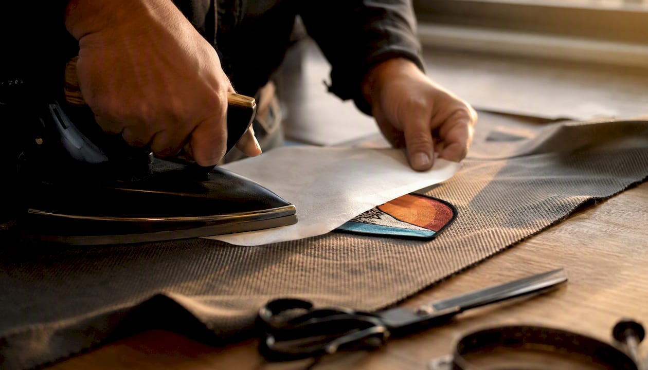 Applying low heat to patch via iron and paper barrier