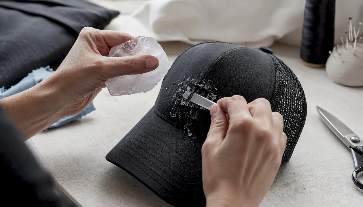 Hands freezing and scraping adhesive residue