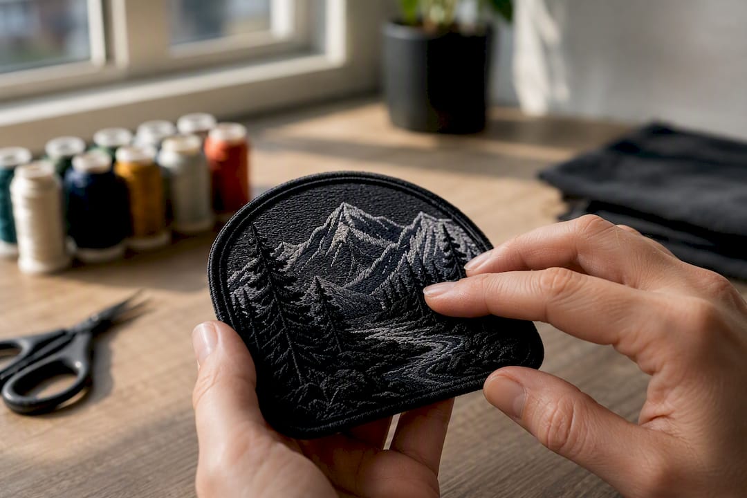 Close-up of hand touching embroidered patch