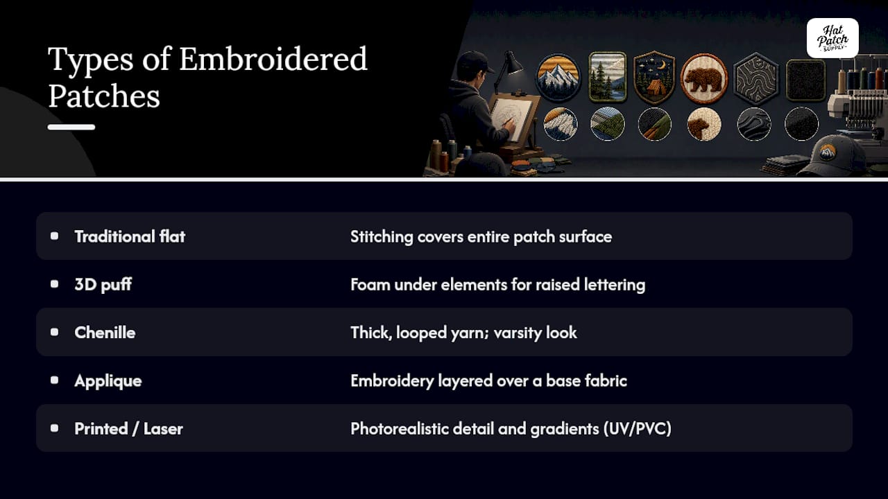 Comparison chart of embroidered patch types