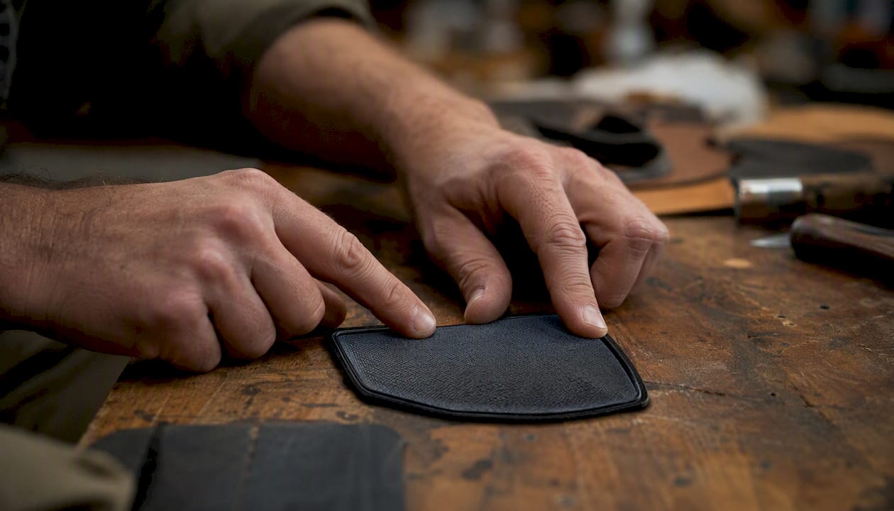 Hands inspecting patch quality at workbench