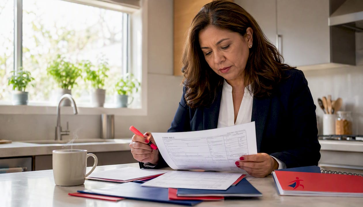Businesswoman reviewing 1099-NEC form at desk