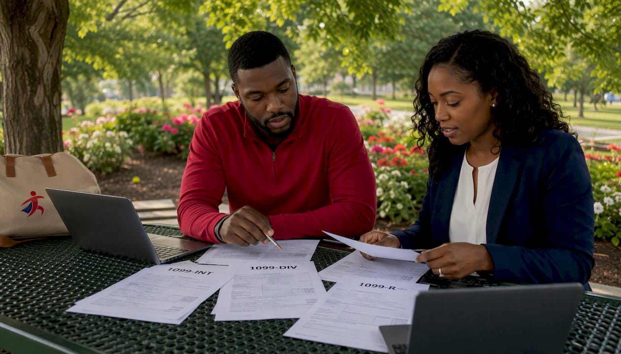 Professionals collaborating over multiple 1099 forms