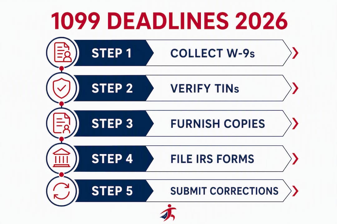 Infographic showing key 1099 filing steps for 2026