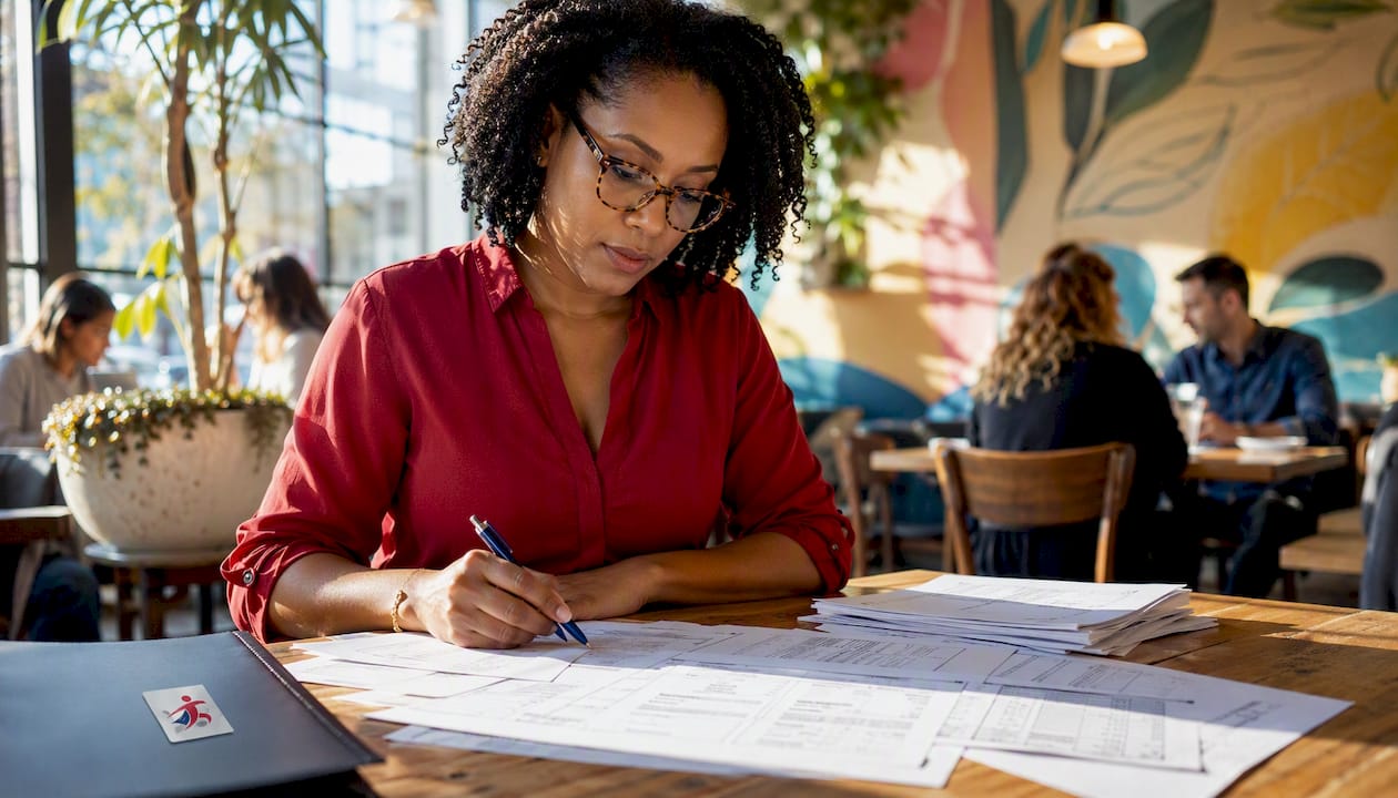 Accountant reviewing printed tax forms at desk