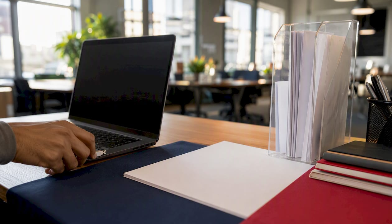 Hand inserting USB drive beside blank tax forms