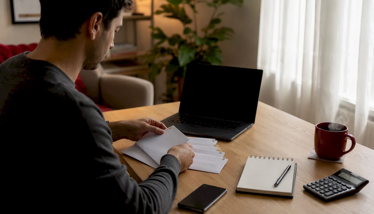 Hands organizing tax envelopes on desk