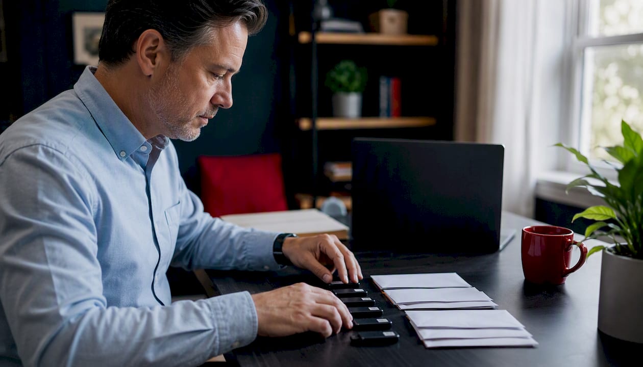 Hands organizing tax filing materials on desk
