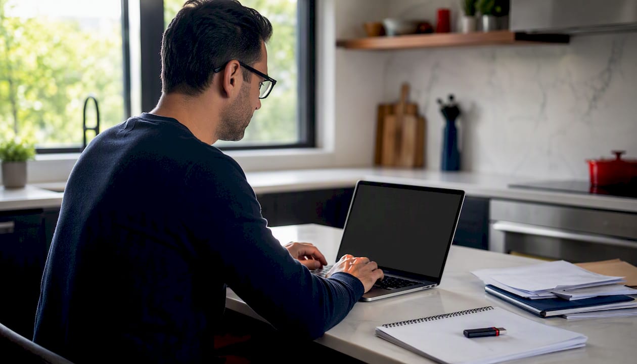 Hands preparing Form 1099-S e-filing on laptop