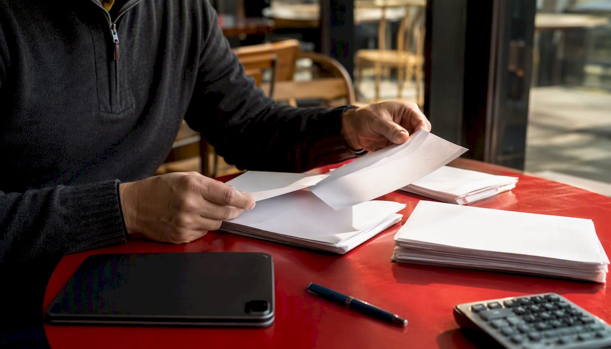 Hands organizing tax documents at desk