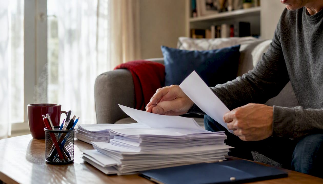 Hands sorting tax forms on desk