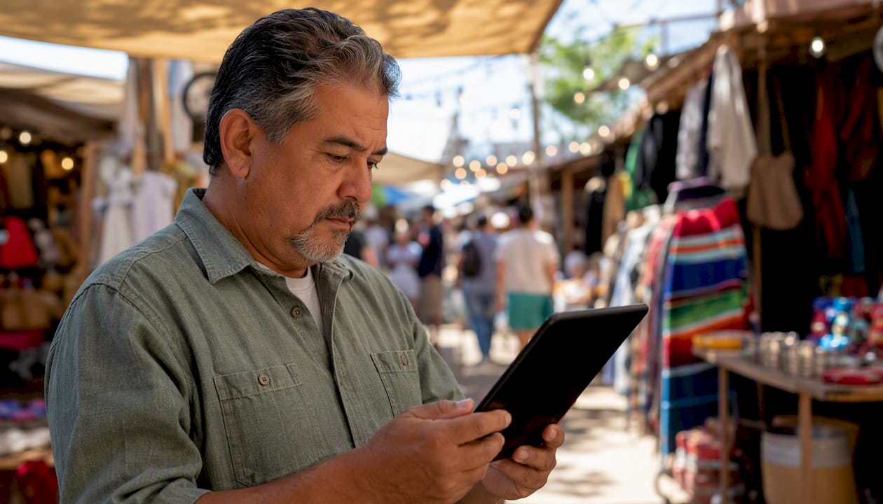Hands holding smartphone in small retail setting