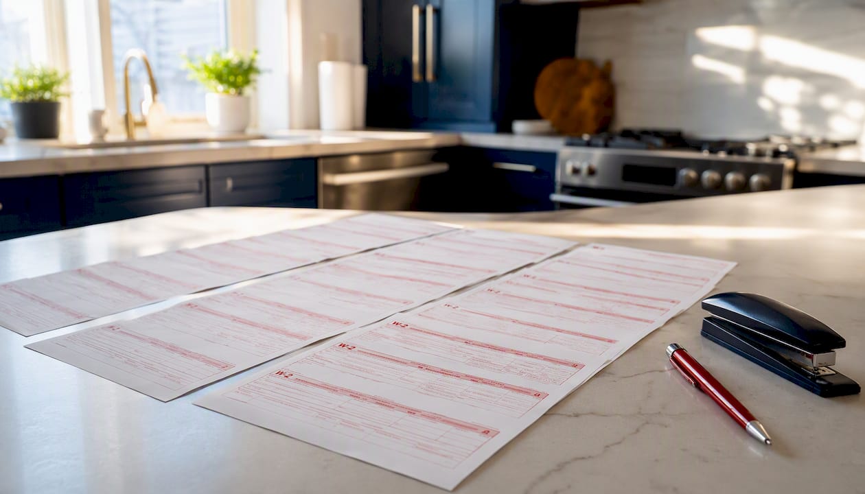 Flat, unstapled red-ink Copy A W-2 forms on desk