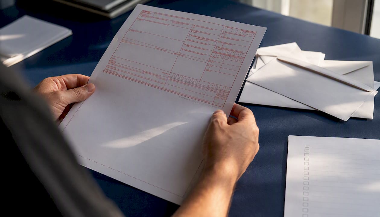 Hands checking W-2 form for staples and folds