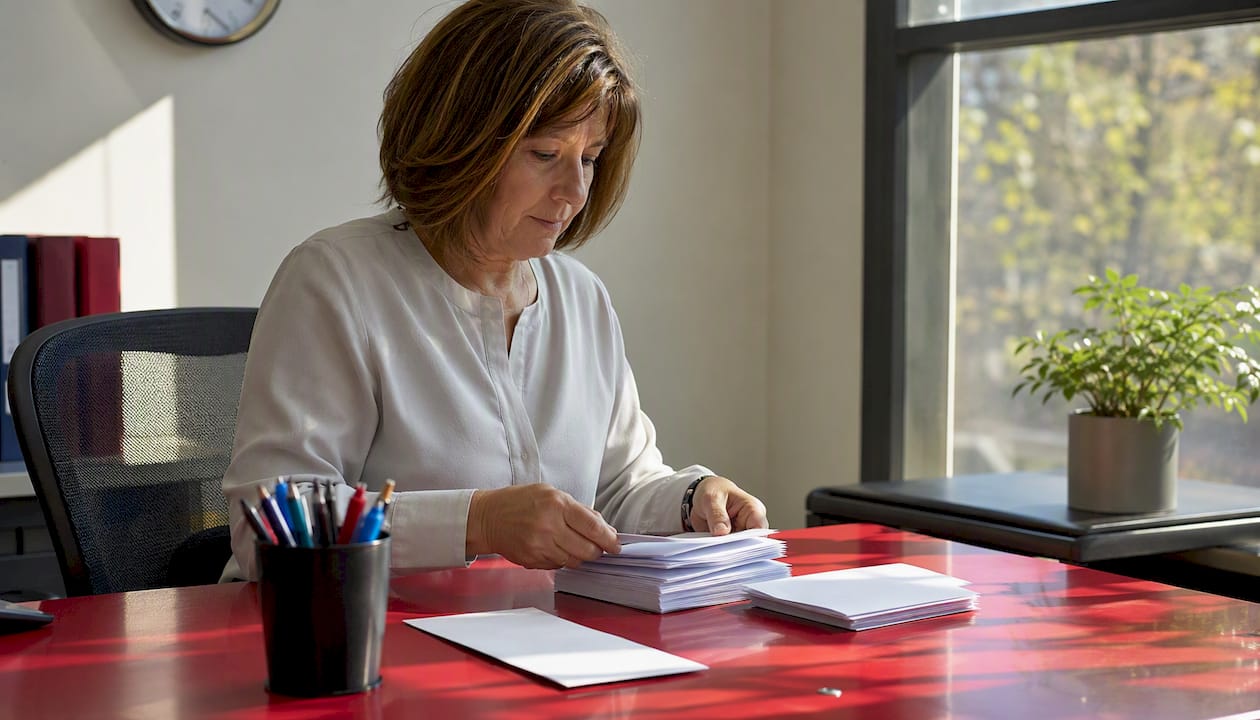 Hands stacking official W-2 forms on desk