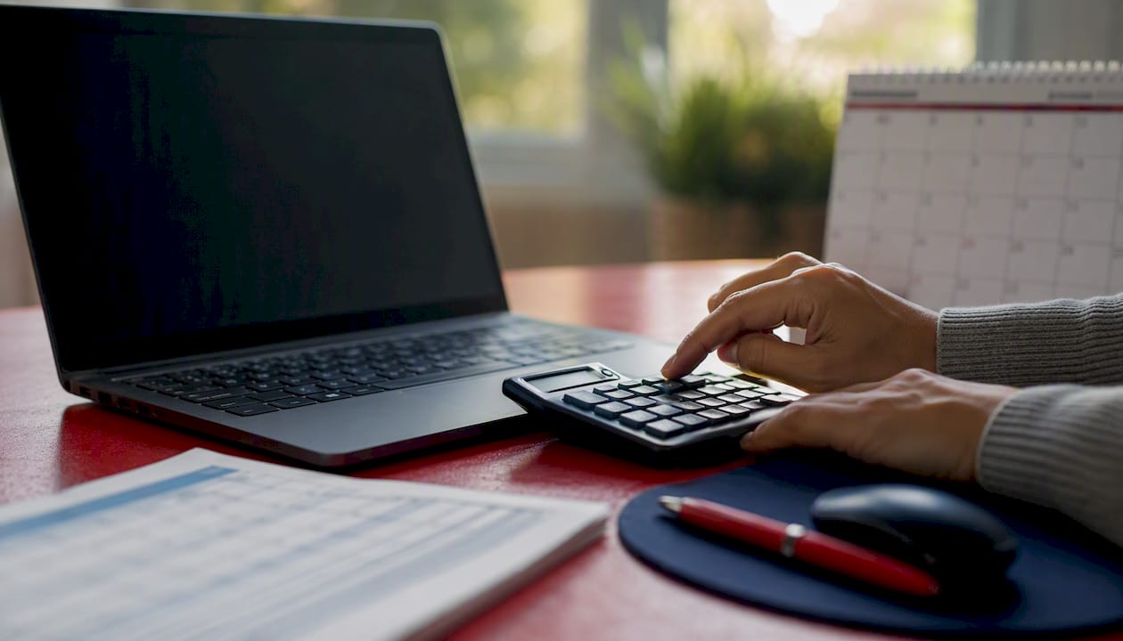 Hands entering tax data on numeric keypad at desk