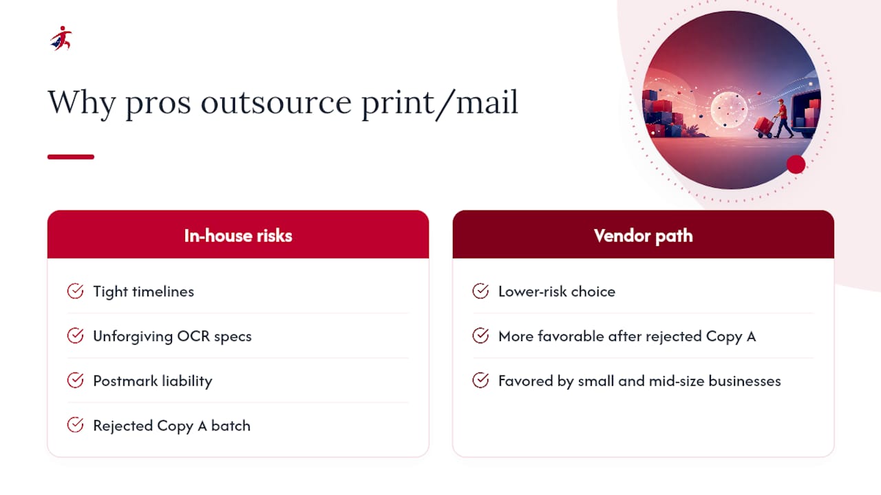 Why payroll pros lean toward outsourcing print and mail — overview diagram
